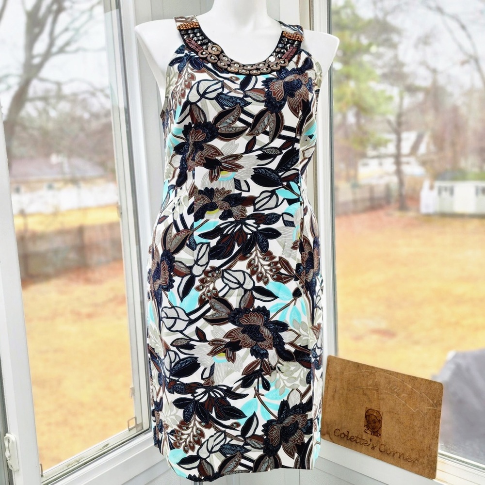 Wood Beads Studded Halter Sleeves Brown Floral Print Knee Length Sheath Dress